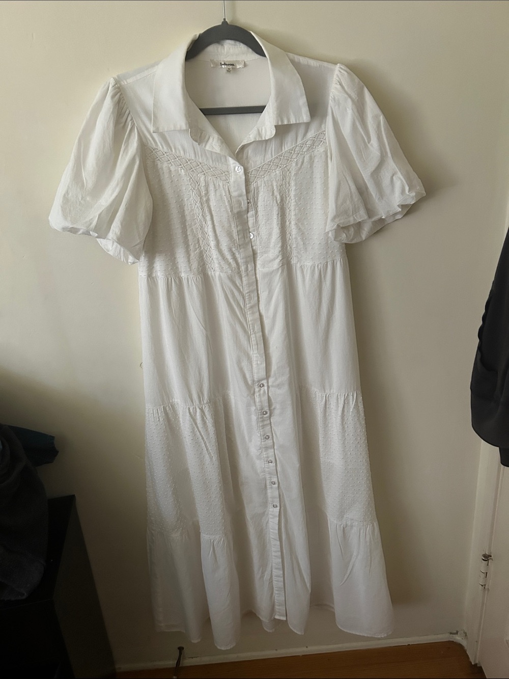 Lalavon White Button-Front Puff Sleeve Maxi Dress